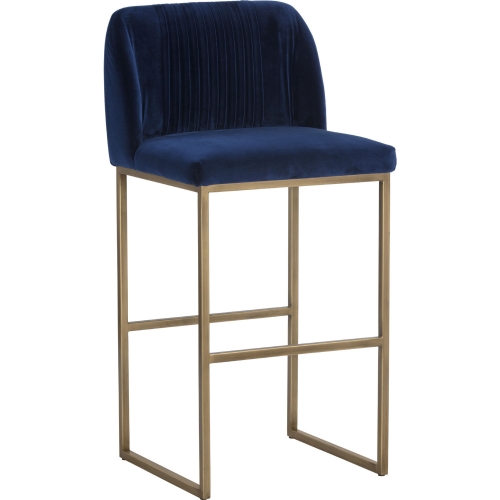 Nevin Bar Stool in Sapphire Blue Fabric & Antique Brass Iron